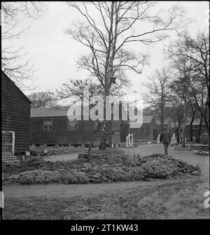 Wakefield Training Prison and Camp- Everyday Life in a British Prison, Wakefield, Yorkshire, England, 1944 A general view of the camp attached to Wakefield Training Prison, showing the wooden huts in which the inmates live. They are surrounded by trees and the small gardens which the prisoners have created in their spare time. Stock Photo