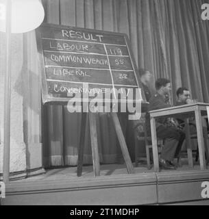 British Political Personalities 1936-1945 The Churchill Coalition Government 11 May 1940 - 23 May 1945: The result of a mock 'General Election' staged by British troops in Cairo in February 1944, is displayed on a blackboard. Labour had an easy win with 119 votes, the Commonwealth Party polled 55 votes, the Liberals 38 and the Conservatives 17. Stock Photo