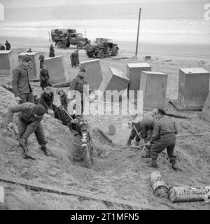 The Polish Army in Britain, 1940-1947 Engineers of the 1st Rifle Brigade (1st Polish Corps) constructing beach defences at Tentsmuir in Scotland. The concrete blocks were used as anti-tank obstacles. Stock Photo