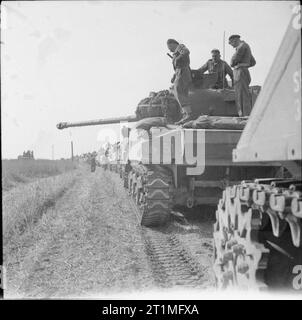 The Polish Army in the Normandy Campaign, 1944 Sherman tanks of the 1st Armoured Regiment (10th Armoured Cavalry Brigade, 1st Polish Armoured Division) at the start of Operation 'Totalise'. Stock Photo