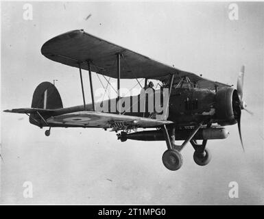 The Royal Navy during the Second World War No 785 Squadron, Fleet Air Arm: A Fairey Swordfish Mk I Naval torpedo aircraft during a training flight from Royal Naval Air Station Crail.. Stock Photo