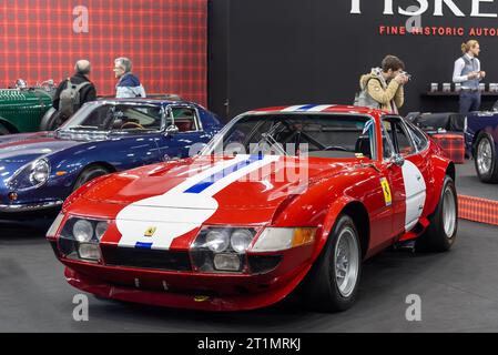 Paris, France - Rétromobile 2019. Focus on a red 1972 Ferrari 365 GTB/4 Daytona Competizione. Stock Photo