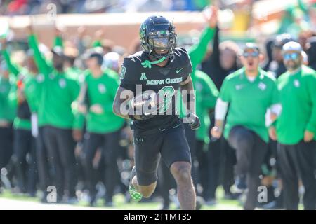 October 14, 2023:.North Texas Mean Green wide receiver Ja'Mori Maclin (9) runs with the ball after a catch in the fourth quarter of the NCAA Football game between the Temple Owls and the North Texas Mean Green at DATCU Stadium in Denton, TX. Ron Lane/CSM Stock Photo
