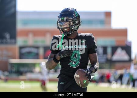 October 14, 2023:.North Texas Mean Green wide receiver Ja'Mori Maclin (9) is all smiles after scoring a touchdown during the fourth quarter of the NCAA Football game between the Temple Owls and the North Texas Mean Green at DATCU Stadium in Denton, TX. Ron Lane/CSM Stock Photo