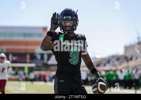 October 14, 2023:.North Texas Mean Green wide receiver Ja'Mori Maclin (9) waves to fans after scoring a touchdown during the fourth quarter of the NCAA Football game between the Temple Owls and the North Texas Mean Green at DATCU Stadium in Denton, TX. Ron Lane/CSM Stock Photo