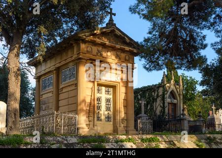 Paola, Malta - December 6th 2018: Mausoleums at the Santa Maria Addolorata Cemetery also known as the Addolorata Cemetery. Stock Photo