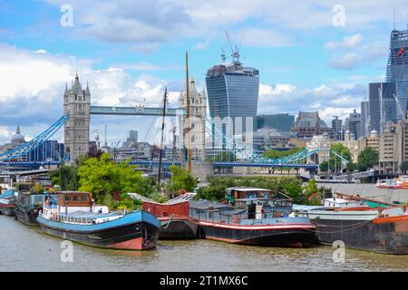 Bermondsey, London, UK - August 9th 2013: The Floating Gardens on the River Thames with Tower Bridge and Walkie Talkie building. Stock Photo