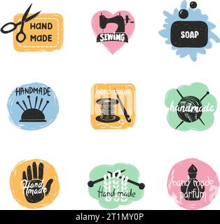 Handmade logo set. Sewing handicraft hobby workshop labels. Vector hand drawn illustration Stock Vector