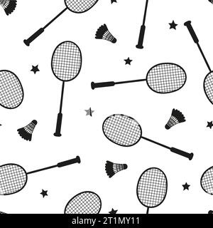 Seamless badminton pattern with rackets and shuttlecocks. Vector black and white sport background Stock Vector