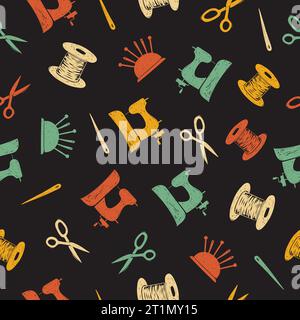 Seamless sewing tools pattern. Tailoring doodle vector illustration in retro style Stock Vector