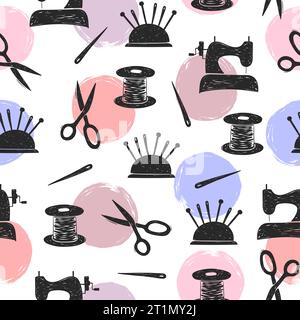 Seamless sewing pattern with doodle sewing tools. Tailoring vector illustration. Stock Vector