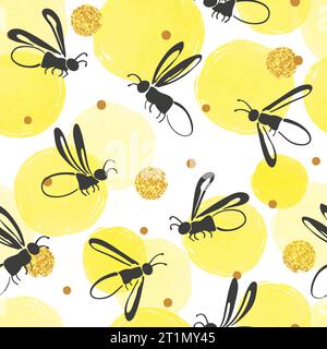 Seamless firefly pattern. Fairy vector illustration with glowworms and yellow circles. Stock Vector