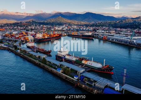 Port in Batumi, Georgia at evening sunset, aerial drone view. Stock Photo