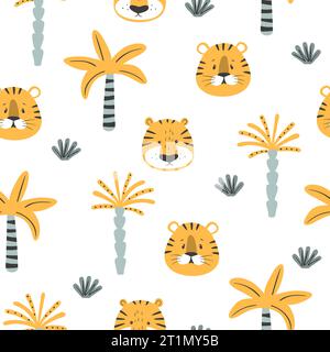 Seamless childish pattern with cartoon tiger and palm trees. Baby safari print Stock Vector