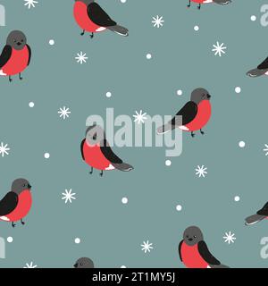 Seamless bullfinches pattern. Vector winter background with birds. Stock Vector
