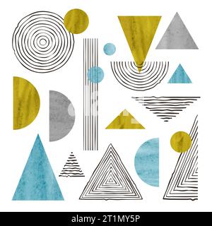 Set of abstract watercolor and hand drawn geometric shapes. Design elements Stock Vector