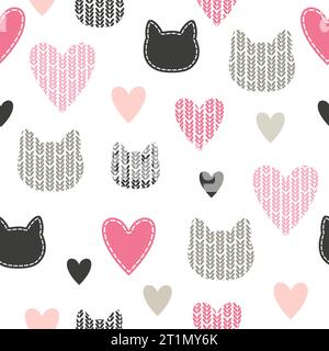 Seamless vector pattern with cats heads and hearts. Print for kids Stock Vector