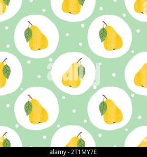 Seamless fruit pattern with pears and circles. Polka dot vector illustration. Stock Vector