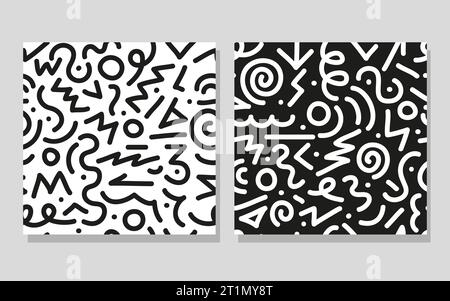 Geometric hand drawn seamless pattern in memphis style. Vector illustration. Stock Vector