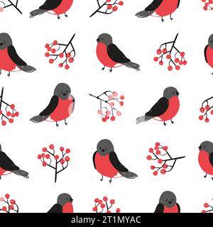 Seamless bullfinches pattern. Vector winter background with birds and branches Stock Vector