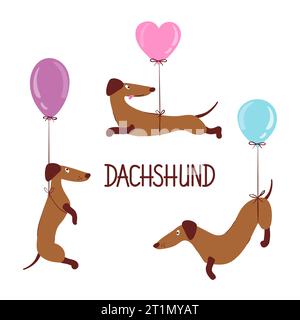 Set of cartoon dachshunds with balloons. Vector illustration of cute dogs Stock Vector