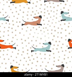 Seamless cute dachshunds pattern. Vector colorful dog background. Stock Vector
