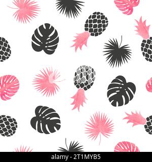 Seamless tropical pattern with pineapples and exotic leaves Stock Vector