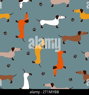 Seamless pattern with cute dachshunds and dog prints. Vector background. Stock Vector