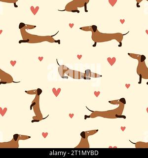Seamless pattern with cute cartoon dachshunds and hearts. Vector dog illustration Stock Vector