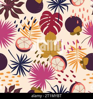 Seamless tropical pattern. Exotic mangostin fruits and leaves. Vector botanical background Stock Vector