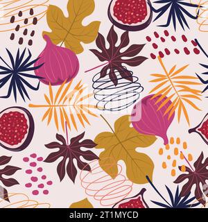 Seamless fig pattern. Whole figs and pieces with tropical leaves. Vector botanical background Stock Vector