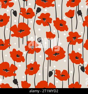 Seamless poppy pattern. Vector floral background with red flowers Stock Vector