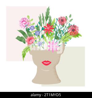Abstract vase as woman face with flowers. Vector floral illustration Stock Vector