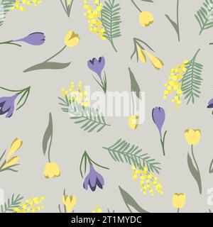 Seamless spring, flower pattern with tulips, mimosa and  snowdrops Vector floral background Stock Vector