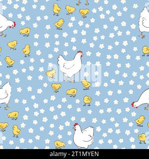 Seamless Easter pattern with cute hens and chickens. Vector chicks background Stock Vector