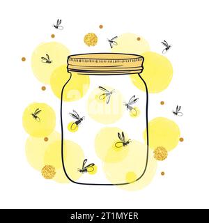 Jar with cute fireflies. Hand drawn vector romantic illustration Stock Vector