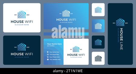 Modern house building logo design template with line art style and signal wifi connection graphic vector illustration. Symbol, icon, creative. Stock Vector