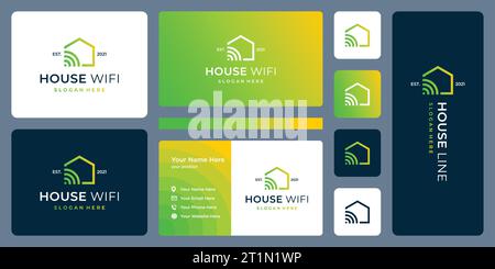 Modern house building logo design template with line art style and signal wifi connection graphic vector illustration. Symbol, icon, creative. Stock Vector