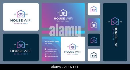 Modern house building logo design template with line art style and signal wifi connection graphic vector illustration. Symbol, icon, creative. Stock Vector