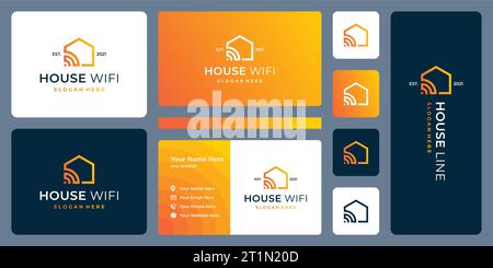 Modern house building logo design template with line art style and signal wifi connection graphic vector illustration. Symbol, icon, creative. Stock Vector