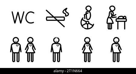 Black line icon set of wc and toilet signs, vector restroom symbols with editable stroke Stock Vector