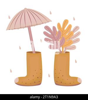 Autumn illustration of boots with fall colorful leaves and umbrella, color atmospheric vector in boho style Stock Vector