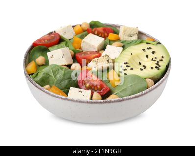 Bowl of tasty salad with tofu and vegetables isolated on white Stock Photo