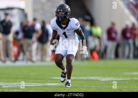 Blacksburg, Virginia, USA. 14th Oct, 2023. Wake Forest Demon Deacons defensive back Caelen Carson (1) in coverage during the NCAA football game between the Wake Forest Demon Deacons and the Virginia Tech Hokies at Lane Stadium in Blacksburg, Virginia. Greg Atkins/CSM/Alamy Live News Stock Photo