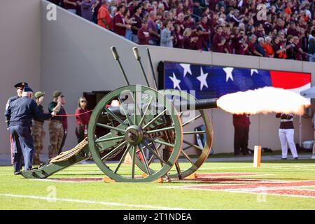 Blacksburg, Virginia, USA. 14th Oct, 2023. Skipper the Cannon fires during pregame ceremonies before the NCAA football game between the Wake Forest Demon Deacons and the Virginia Tech Hokies at Lane Stadium in Blacksburg, Virginia. Greg Atkins/CSM/Alamy Live News Stock Photo