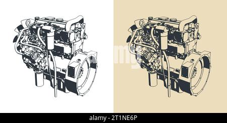 Stylized vector illustrations of a powerful diesel engine Stock Vector