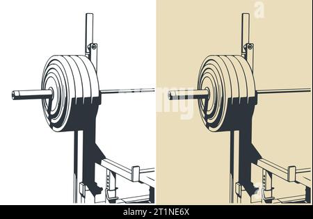 Stylized vector illustrations of barbell on a bench press rack close-up Stock Vector