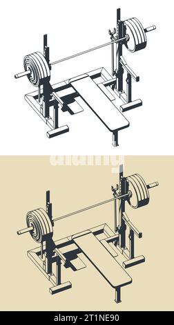 Stylized vector illustrations of press weight adjustable squat rack bench Stock Vector