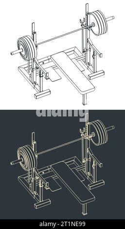 Stylized vector illustrations of isometric blueprints of press weight adjustable squat rack bench Stock Vector