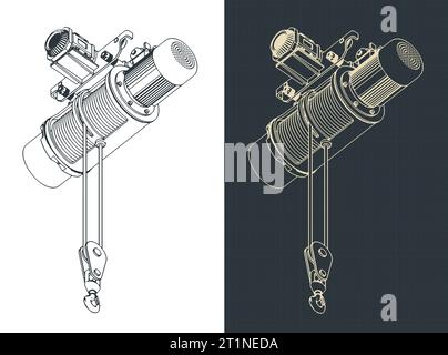 Stylized vector illustrations of isometric blueprints of monorail hoist Stock Vector